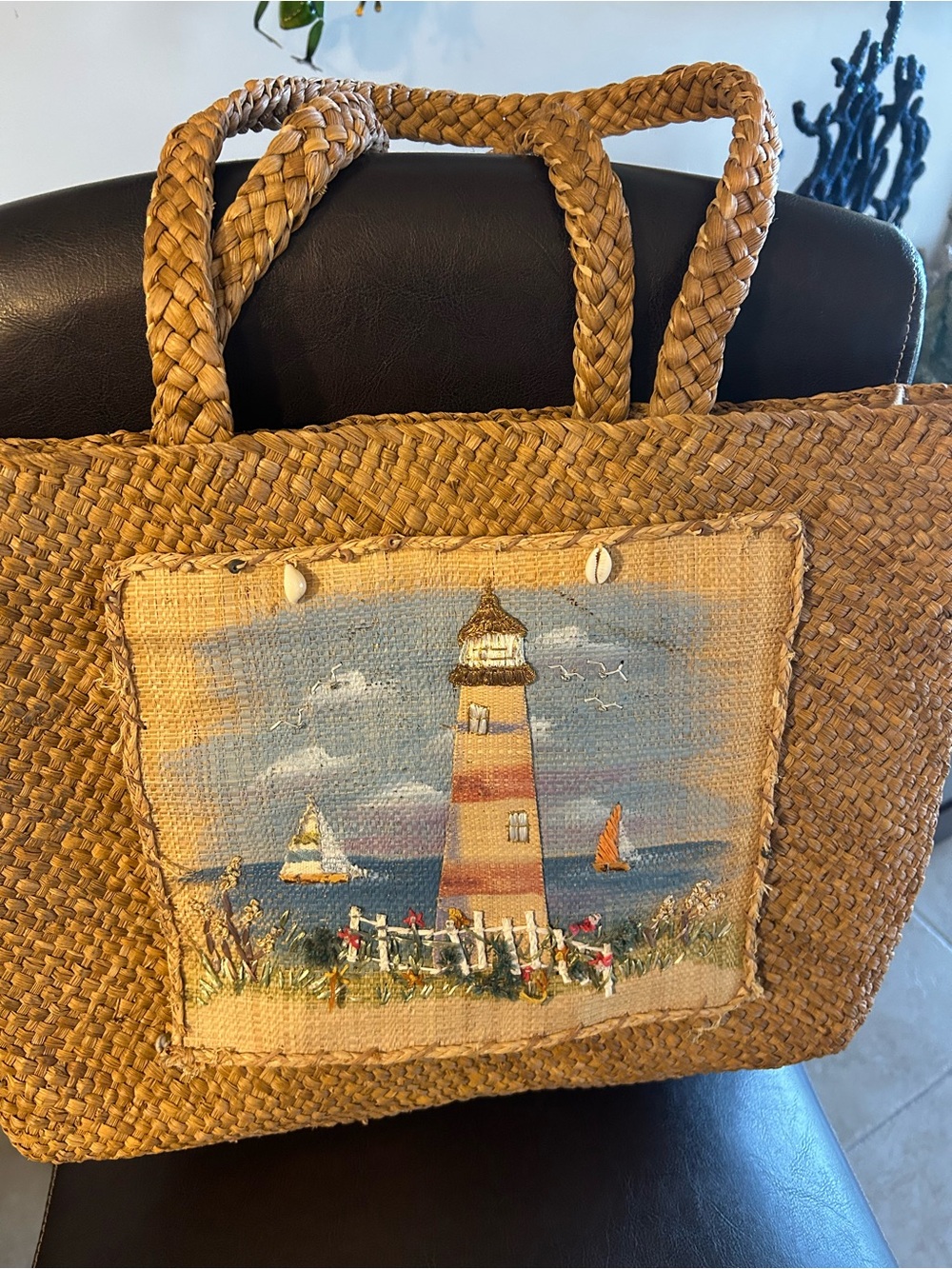 Cappelli Straworld Natural Woven Tote with Nautical Lighthouse Panel